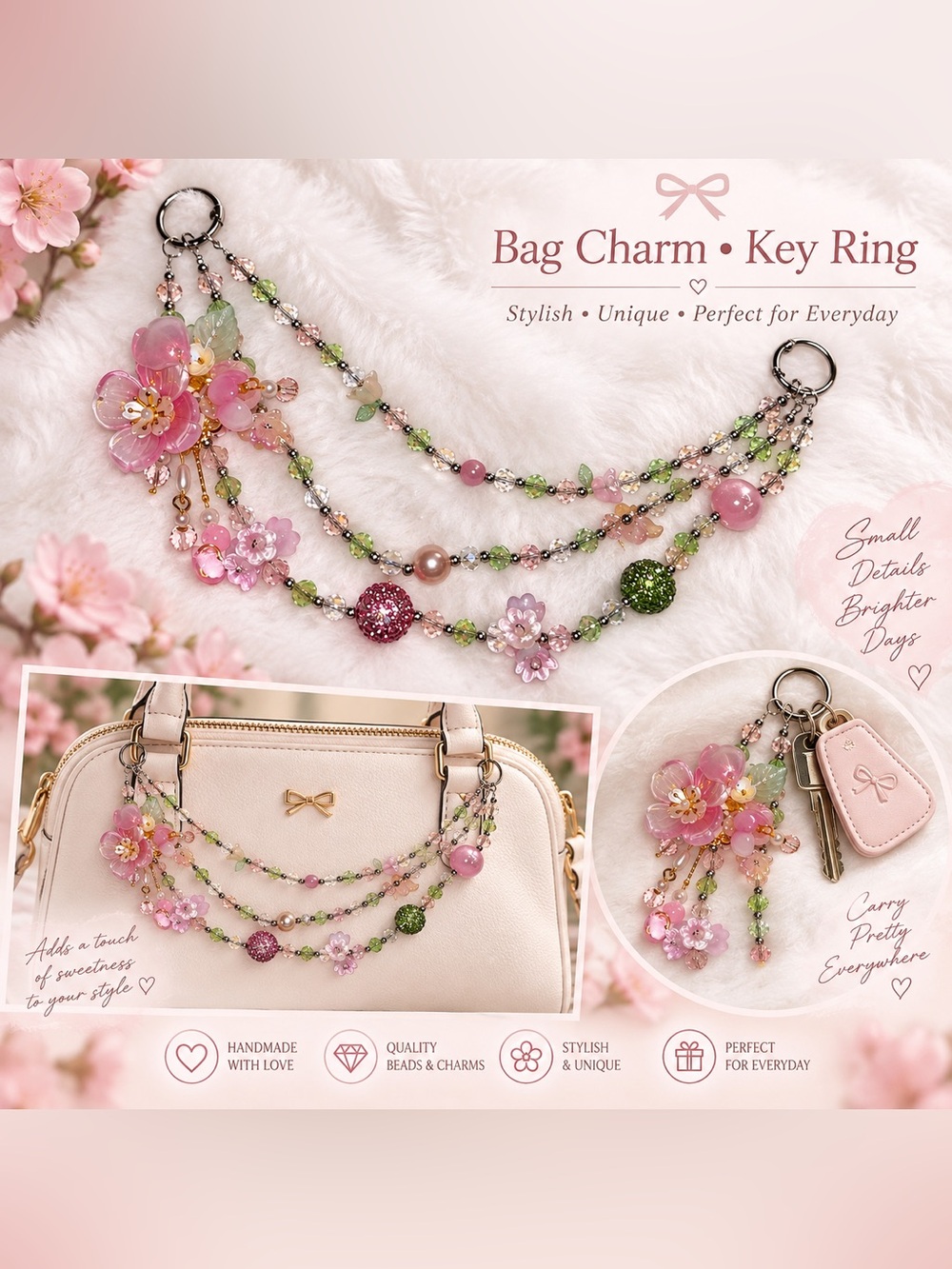 Pink & Green Floral Bag Charm Keychain - Cute Beaded Purse Accessory